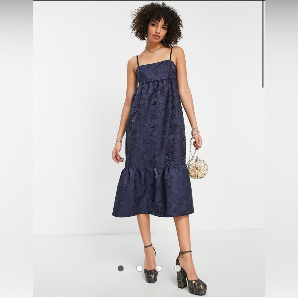 Topshop jacquard slip dress in navy